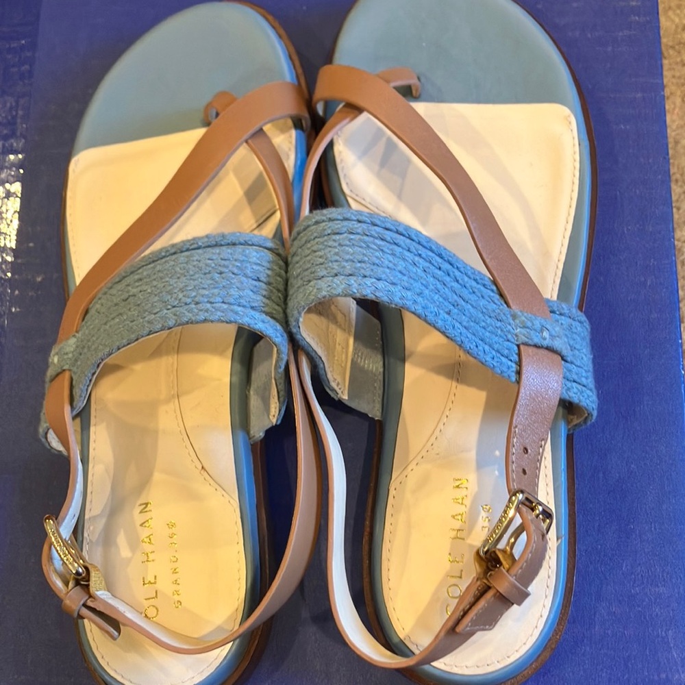 Cole Haan Anica Thong Sandal Women's Blue Straw-Pecan Leather Size 7 Flip Flop - Picture 3 of 8
